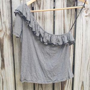 One shoulder ruffled top with black and white stripes